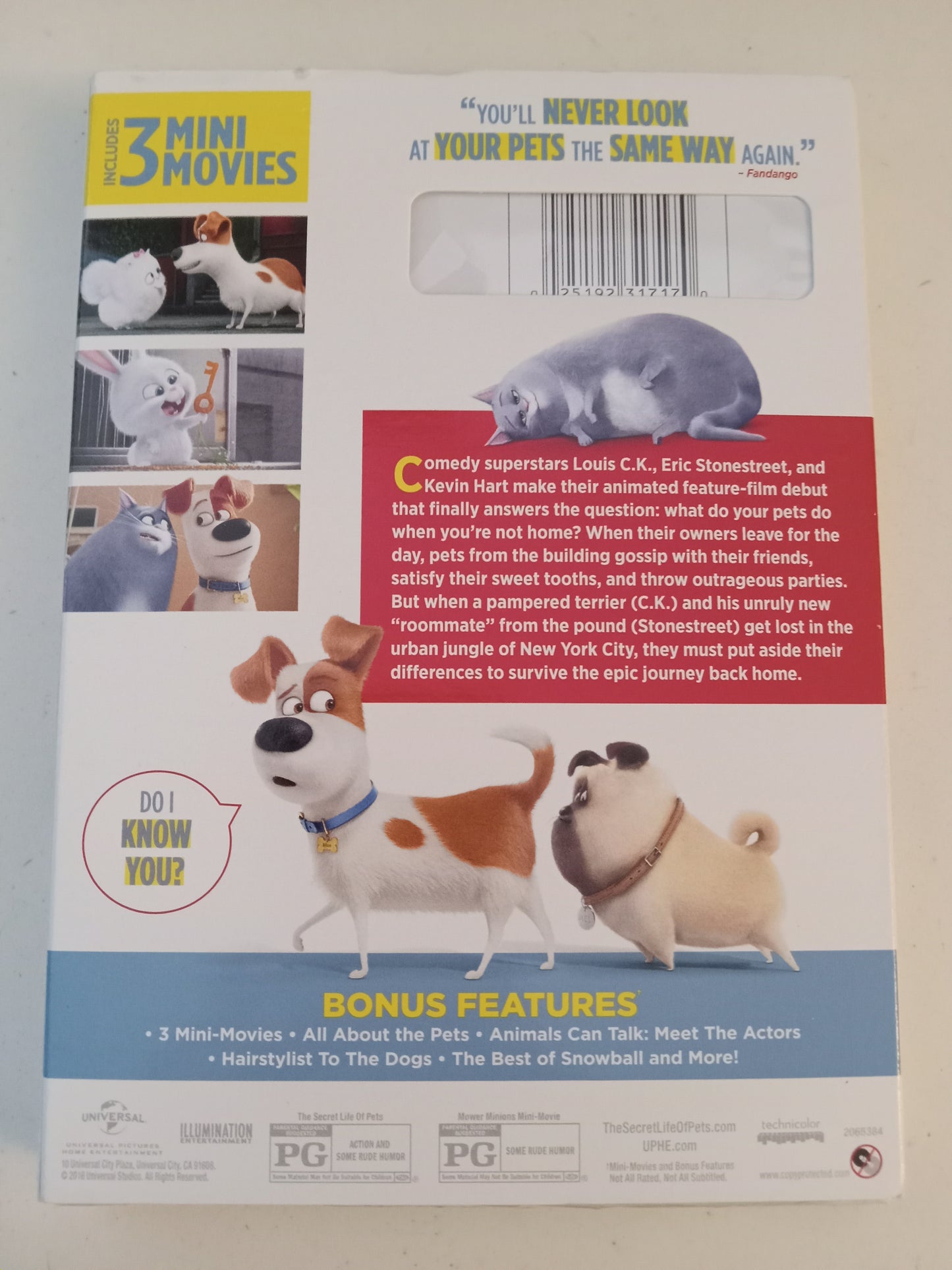 The Secret Life Of Pets, Illumination Animation DVD Movie, Widescreen, Rated PG USED