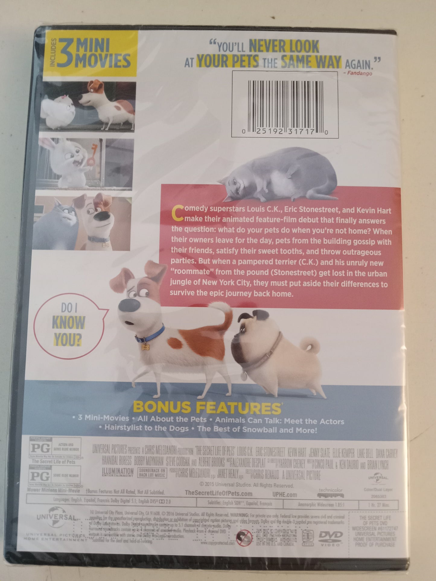 The Secret Life Of Pets, Illumination Animation DVD Movie, Widescreen, Rated PG USED