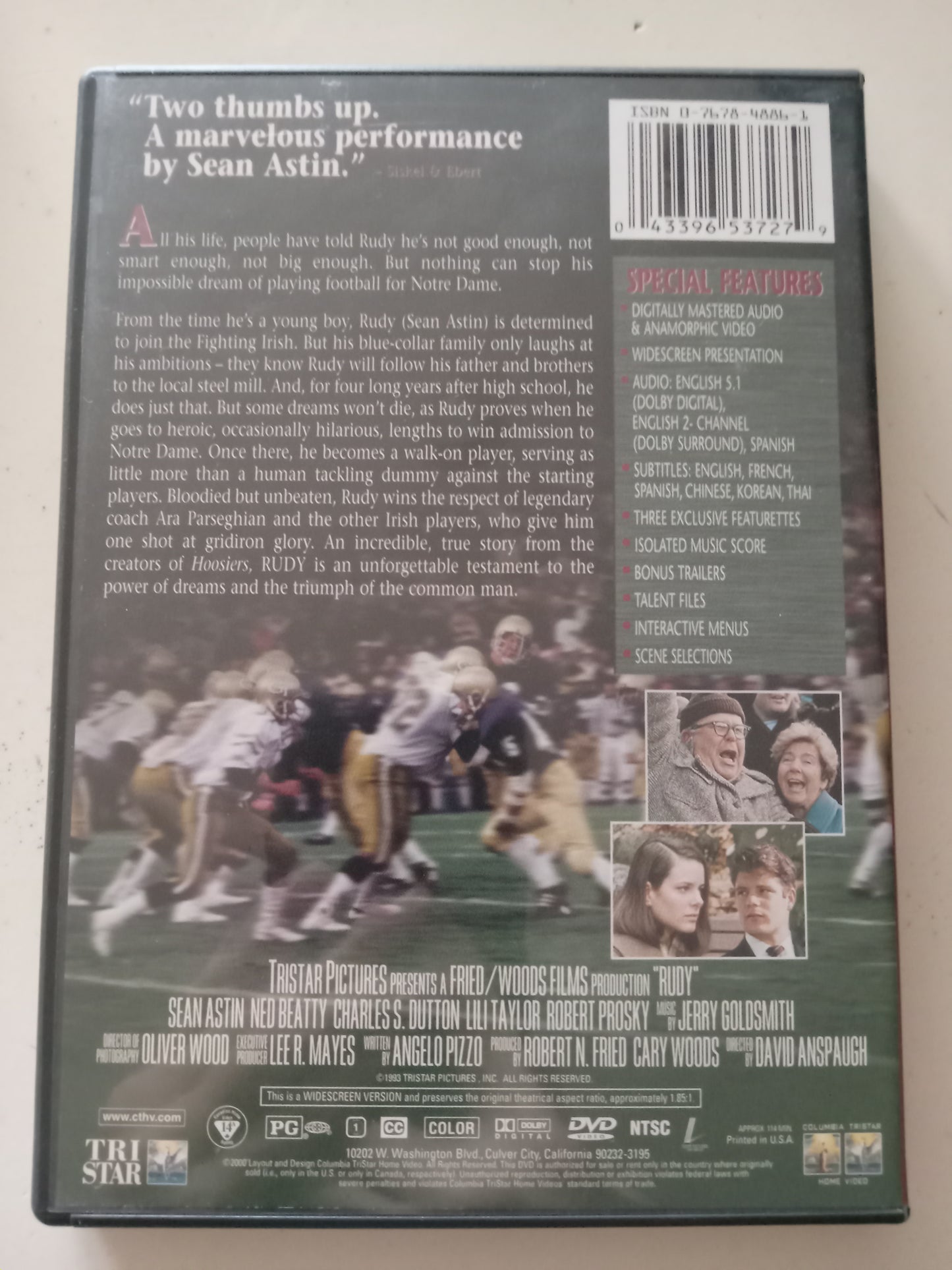 Rudy, DVD Movie, Sean Astin Widescreen, Rated PG, USED