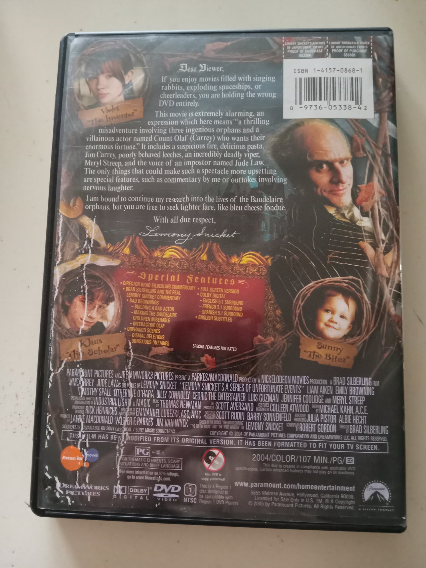 Lemony Snicket's A Series Of Unfortunate Events, DVD Movie, Jim Carrey Fullscreen, Rated PG, USED