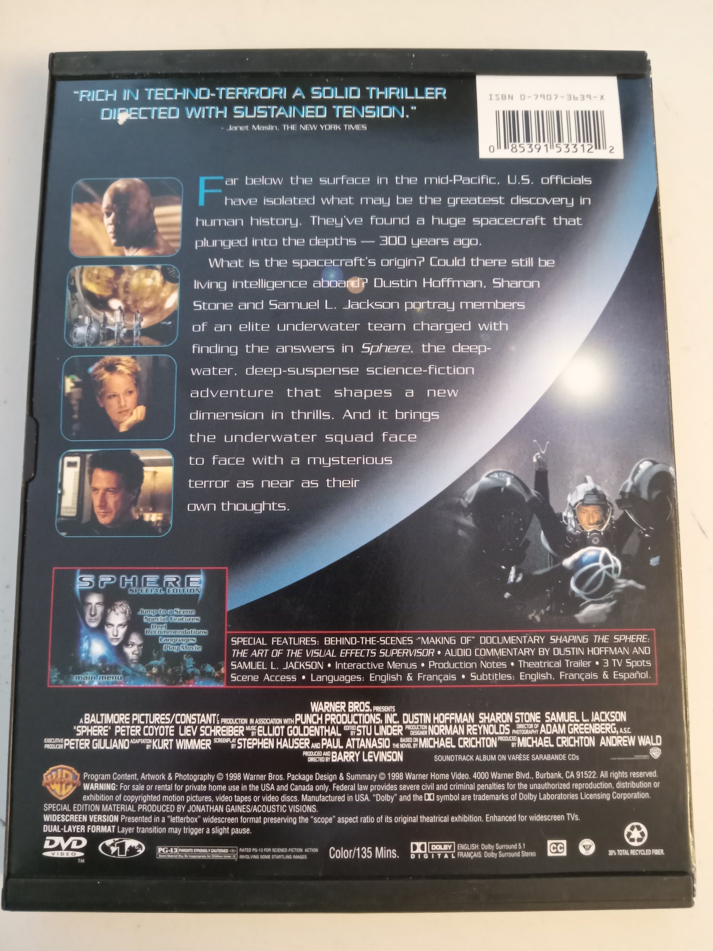 Sphere, DVD Movie, Dustin Hoffman Widescreen, Rated PG-13, USED