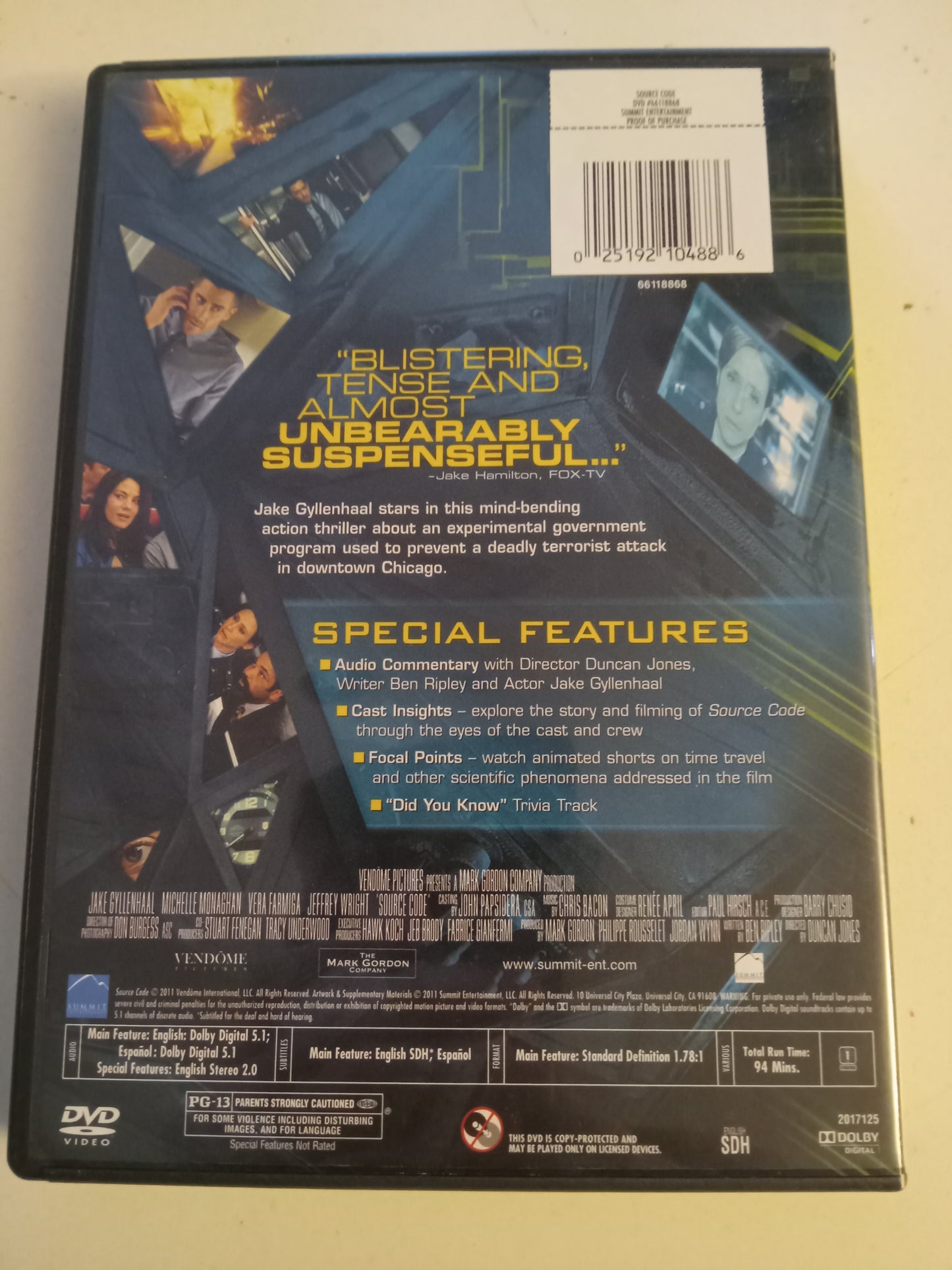 Source Code DVD Movie, Jake Gyllenhaal Fullscreen, Rated PG-13, USED