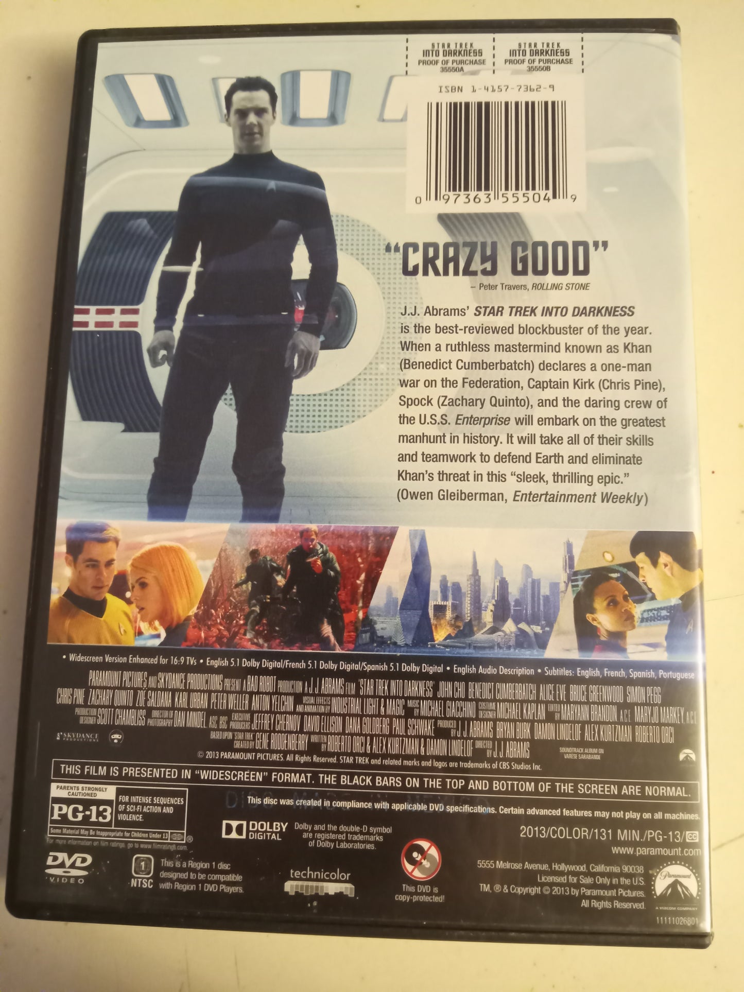Star Trek Into Darkness, DVD Movie, Chris Pine Widescreen, Rated PG-13, USED