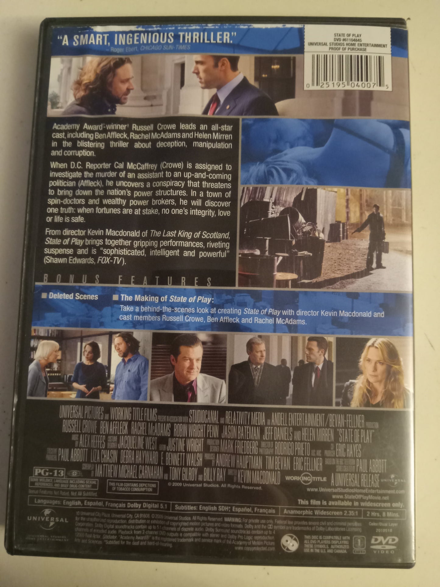 State Of Play, DVD Movie, Russell Crowe Widescreen, Rated PG-13, USED
