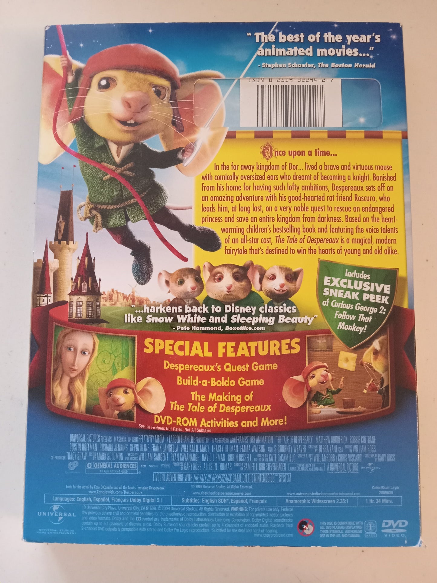 The Tale Of Despereaux, Universal Animation DVD Movie, Widescreen, Rated G, USED