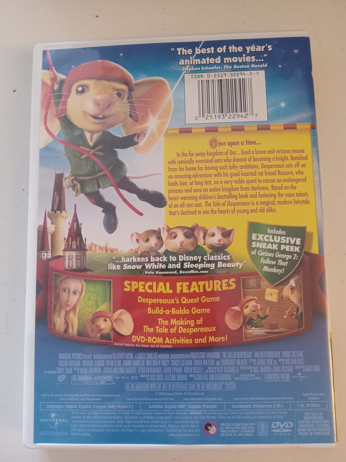 The Tale Of Despereaux, Universal Animation DVD Movie, Widescreen, Rated G, USED