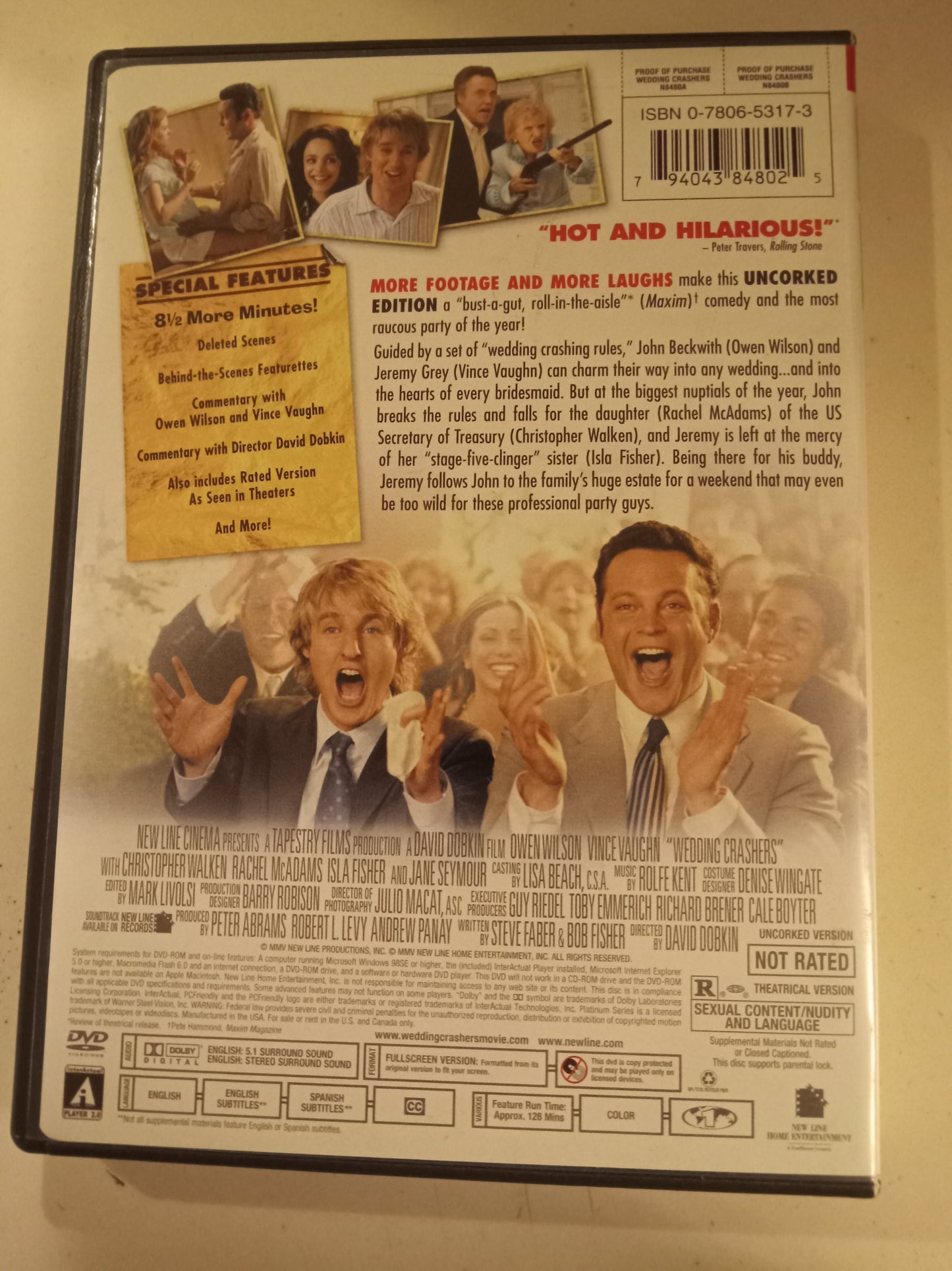 Wedding Crashers, Uncorked Edition, DVD Movie, Owen Wilson Fullscreen/Widescreen, Not Rated/R, USED
