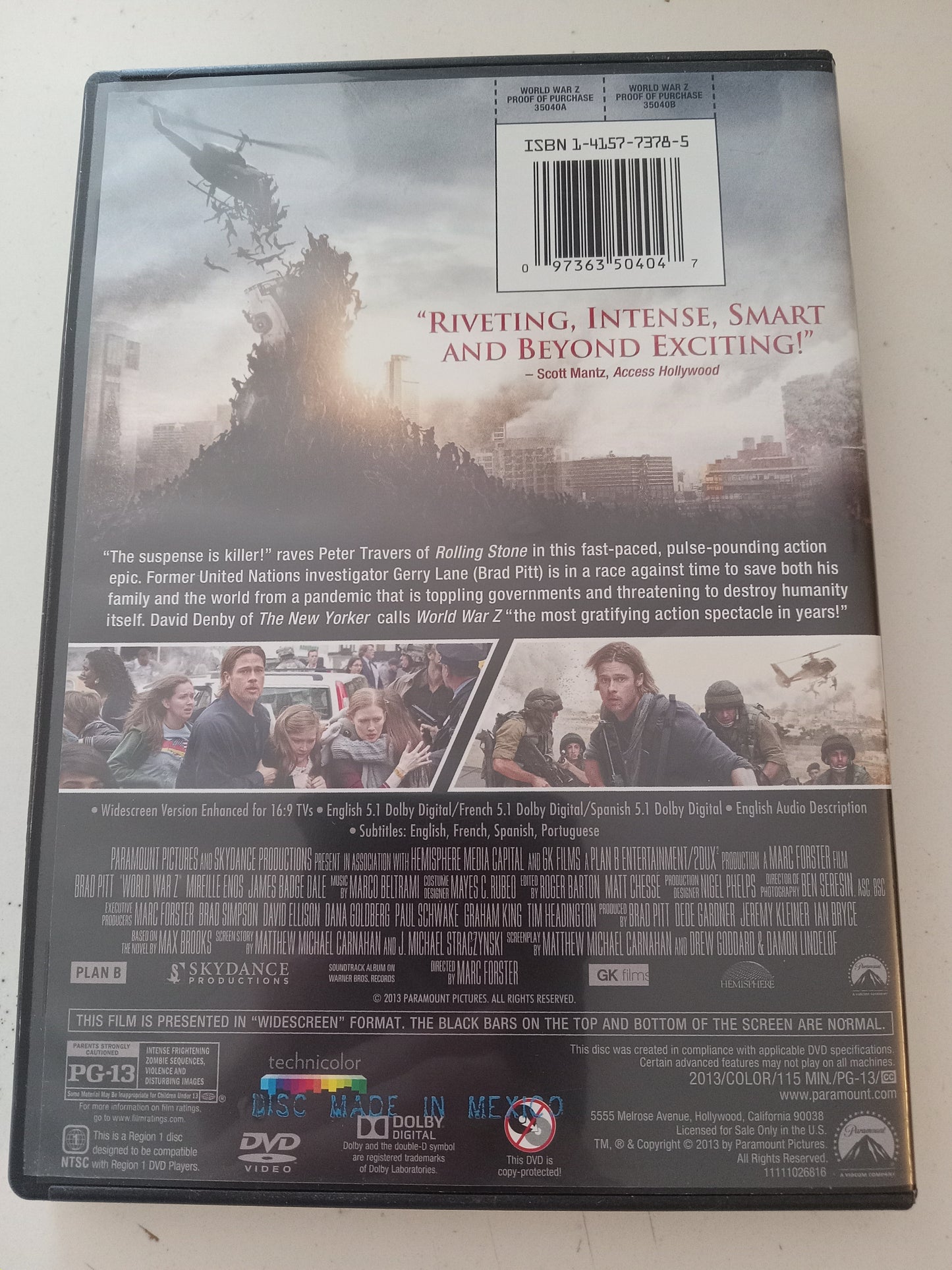 World War Z, DVD Movie, Brad Pitt Widescreen, Rated PG-13, USED