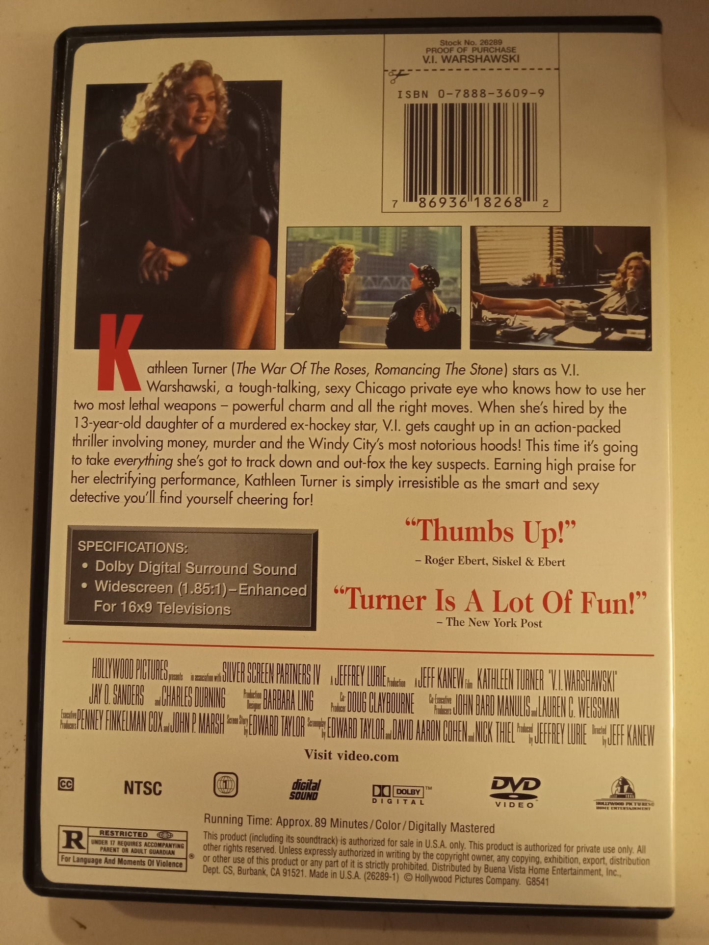 V.I. Warshawski, DVD Movie, Kathleen Turner Widescreen, Rated R, USED