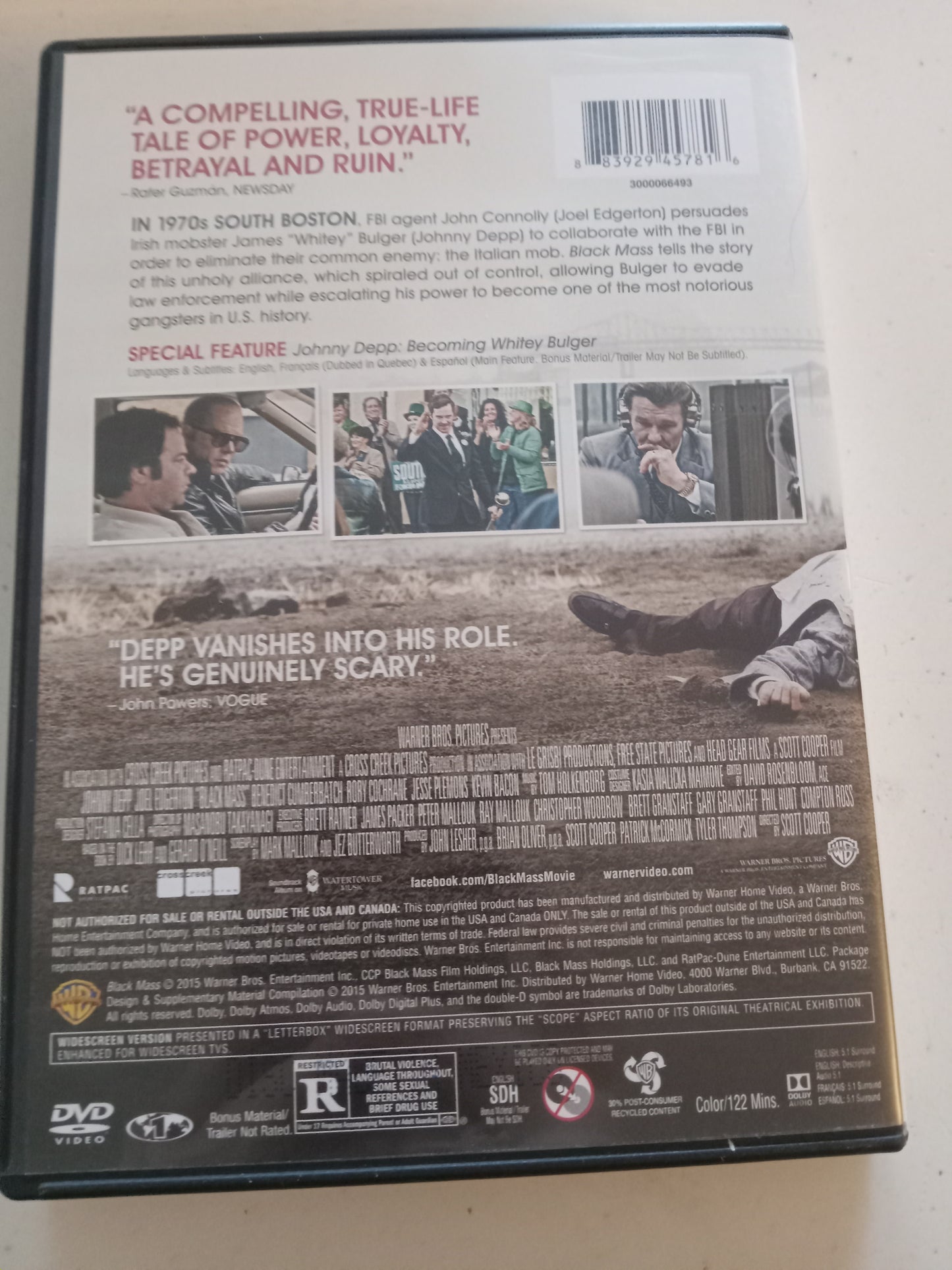 Black Mass, DVD Movie, Johnny Depp Widescreen, Rated R, USED