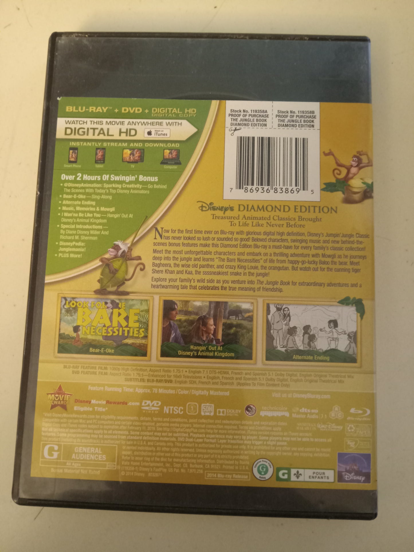 The Jungle Book, Disney Animation, Platinum/Diamond Ed. 2 Discs 40th Anniversary DVD Movie, Widescreen, Rated G, NEW