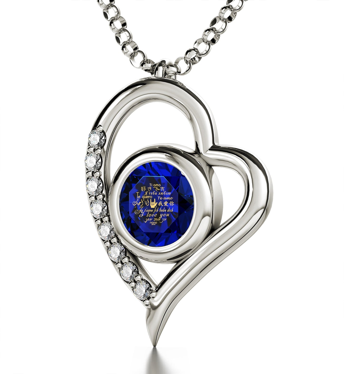 925 Sterling Silver I Love You Heart Pendant Necklace 24k Gold Inscribed in 12 Languages Crystal Blue Purple Turquoise Red, AMB, New!