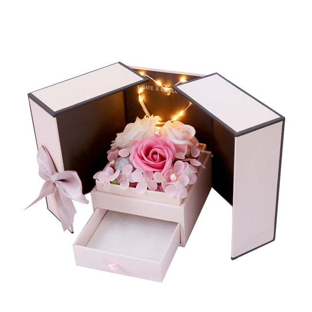 Valentines Day Artificial Flower Jewelry Box Bear Crown Love Rose Pink