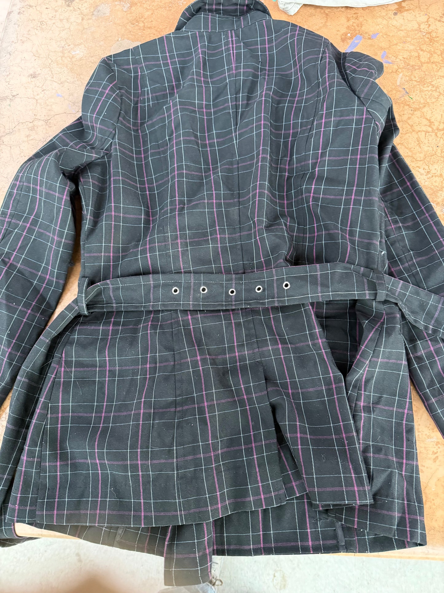 Rampage clothing light jacket coat size is Large black striped with belt …