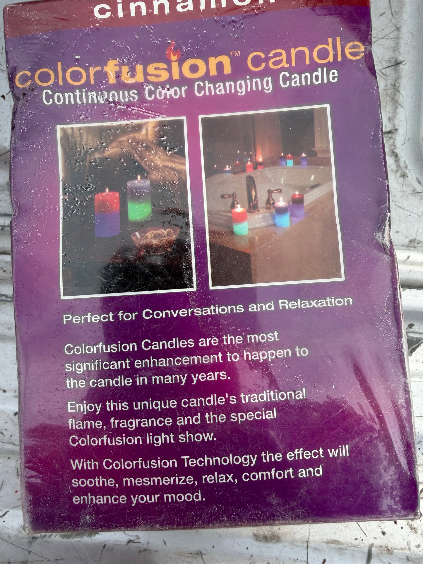 Color fusion candle changing colors new in box dented Cinnamon…