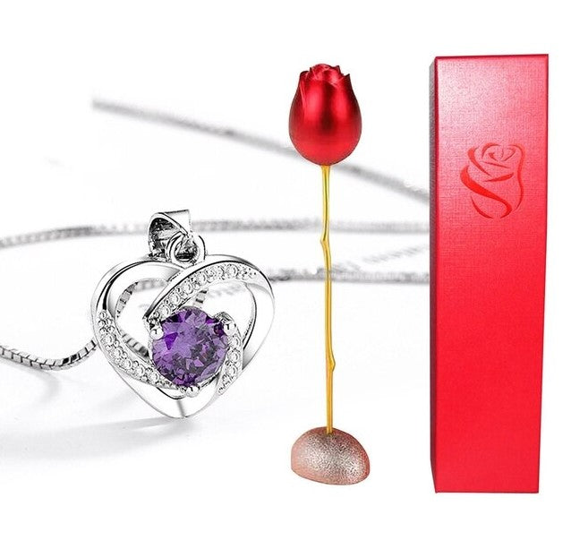 Valentines Day Pink Eternal Love Necklace Pendant Metal Rose Amethyst, Blue, Gold Silver Purple