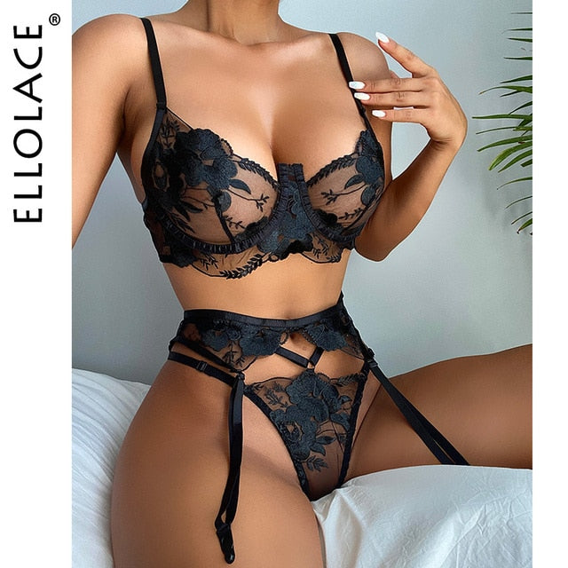 Ellolace Transparent Black Lacy 3pcs Lingerie Underwear S, M, L Small Medium Large, AMB, NEW!