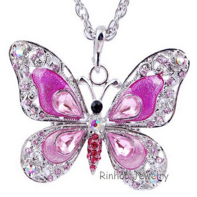Colorful Sparkling Jewel Butterfly Necklace Pendant Blue Red Purple Pink Green Gold AMB