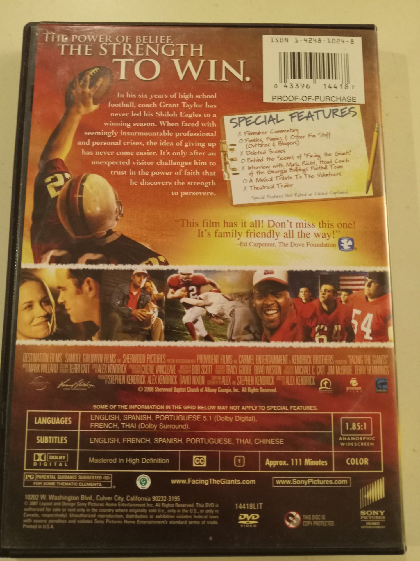 DVD: Facing The Giants (2006, Widescreen, Rated PG) Dan Reeves USED