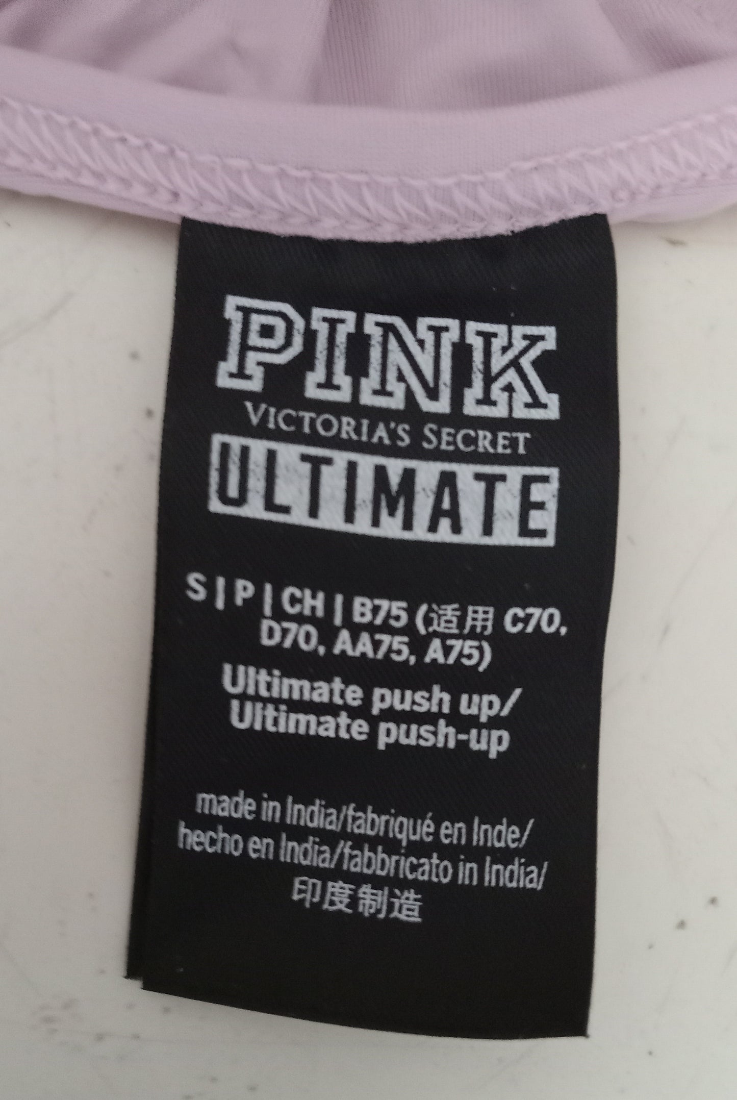 Pink Victoria's Secret Ultimate Sports Push-Up Bra Front Closure Zipper, S/P/CH/B75|C70|D70|AA75|A75, USED