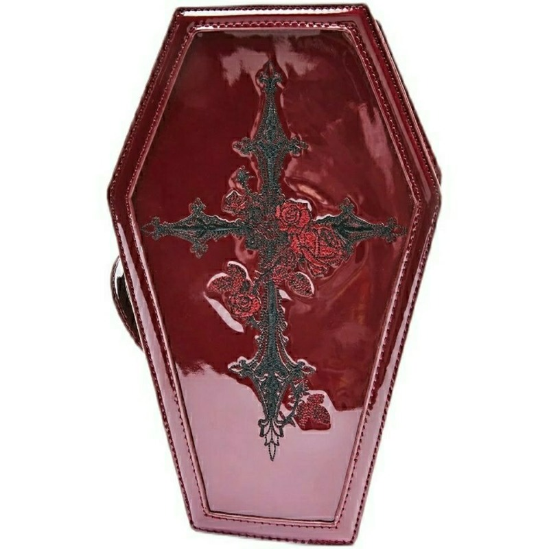 Gothic Coffin Handbag Cosmetic Bag Blood Red Leather Embroidered Punk Rose Cross NEW