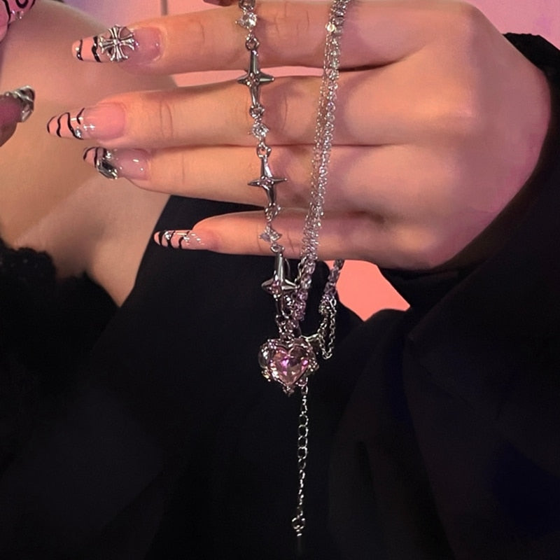 Pink Heart Crystal Necklace Silver Band Korean Style Sparkling Dazzling NEW