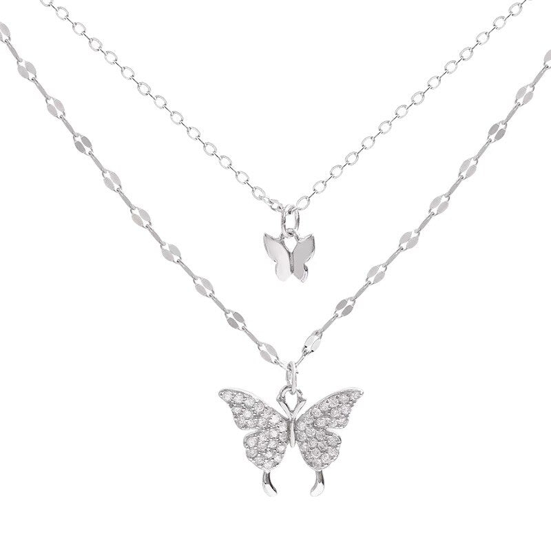 Valentines Day Butterfly Double Layer Chain Necklace 925 sterling silver