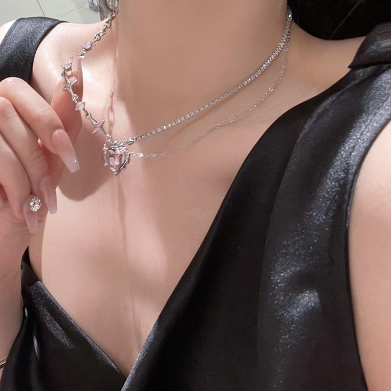 Pink Heart Crystal Necklace Silver Band Korean Style Sparkling Dazzling NEW