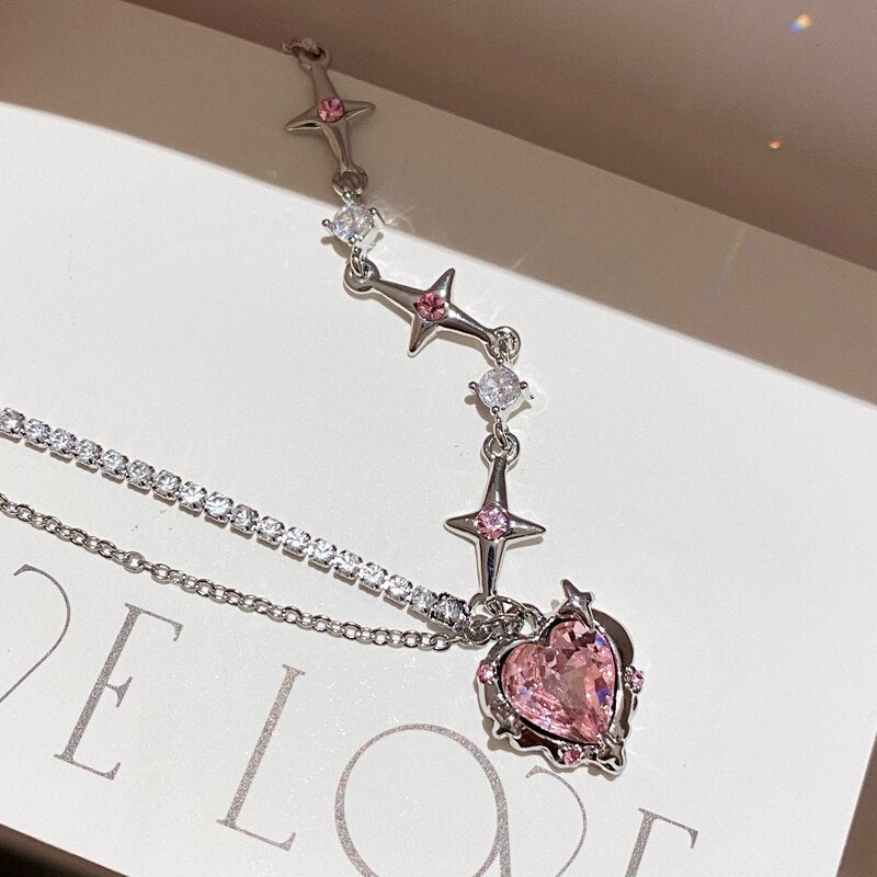 Pink Heart Crystal Necklace Silver Band Korean Style Sparkling Dazzling NEW