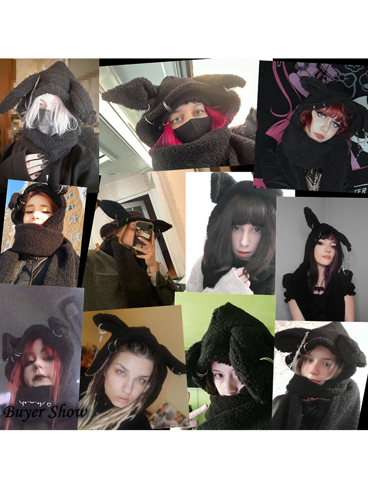 Cute Bunny Rabbit Ear Beanie/Cap w/Attached Scarf Neck Wrap, Hooded Scarf Soft Warm NEW