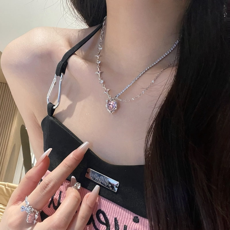 Pink Heart Crystal Necklace Silver Band Korean Style Sparkling Dazzling NEW