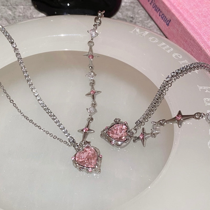 Pink Heart Crystal Necklace Silver Band Korean Style Sparkling Dazzling NEW