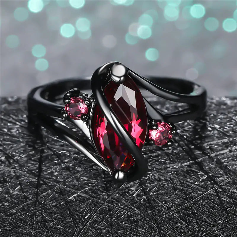 Gorgeous Red Leaf Crystal Ring 14K Black Gold Plated NEW