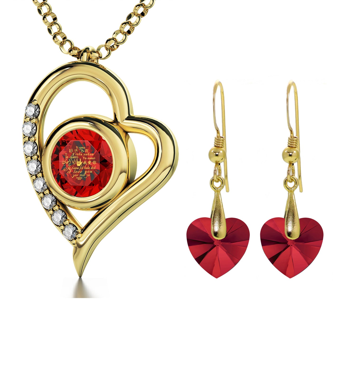 Gold Plated Silver" I Love You" Heart Necklace Set 24k Gold Inscribed in 12 Languages Red Purple Crystal, AMB, NEW!