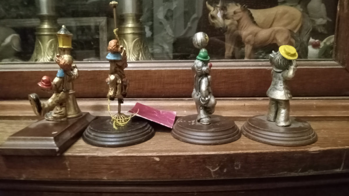 Vintage George Good Pewter Clown Figurines with Wood Bases - Set of 4 (Circa 1986)