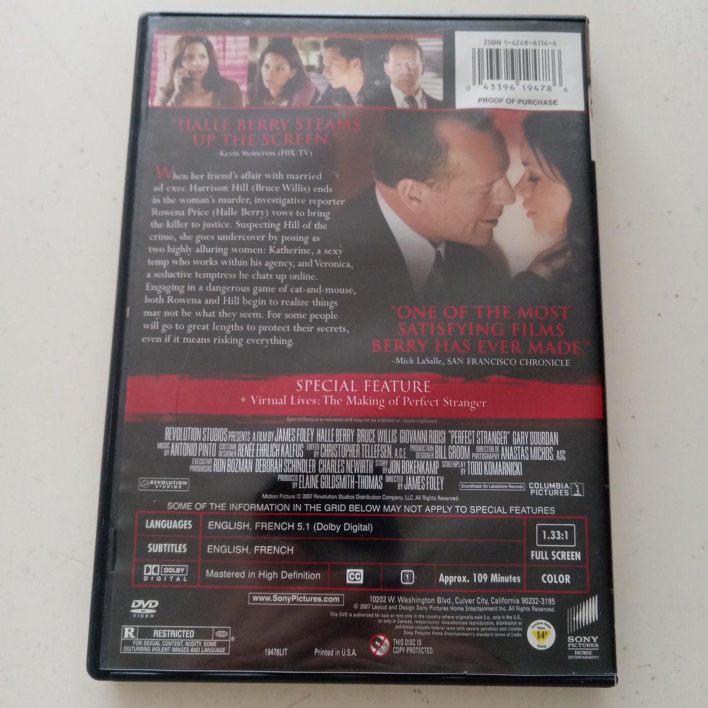 Perfect Stranger, DVD Movie Halle Berry Widescreen/Fullscreen, Rated R, USED