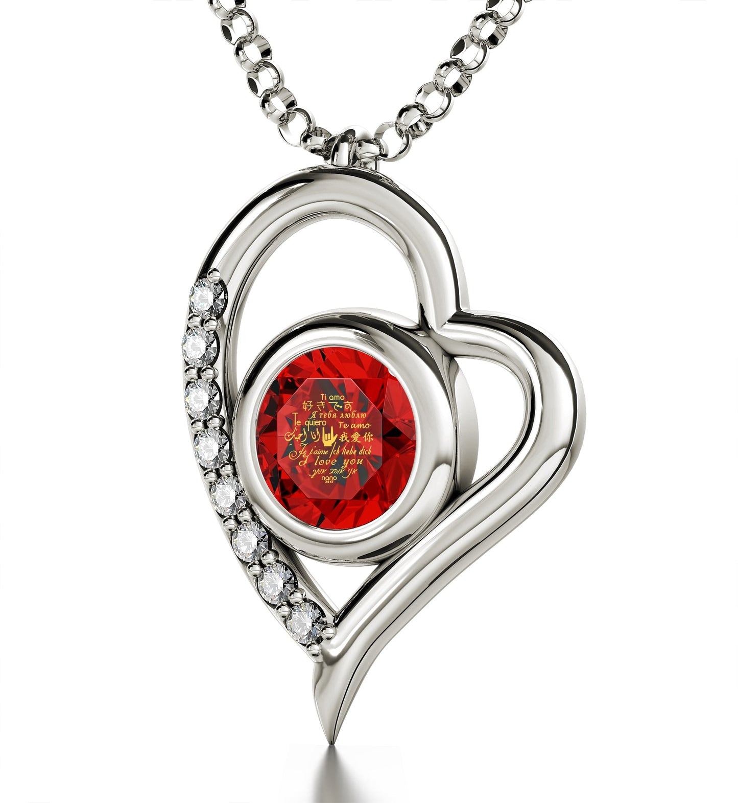 925 Sterling Silver I Love You Heart Pendant Necklace 24k Gold Inscribed in 12 Languages Crystal Blue Purple Turquoise  Red, AMB, New!