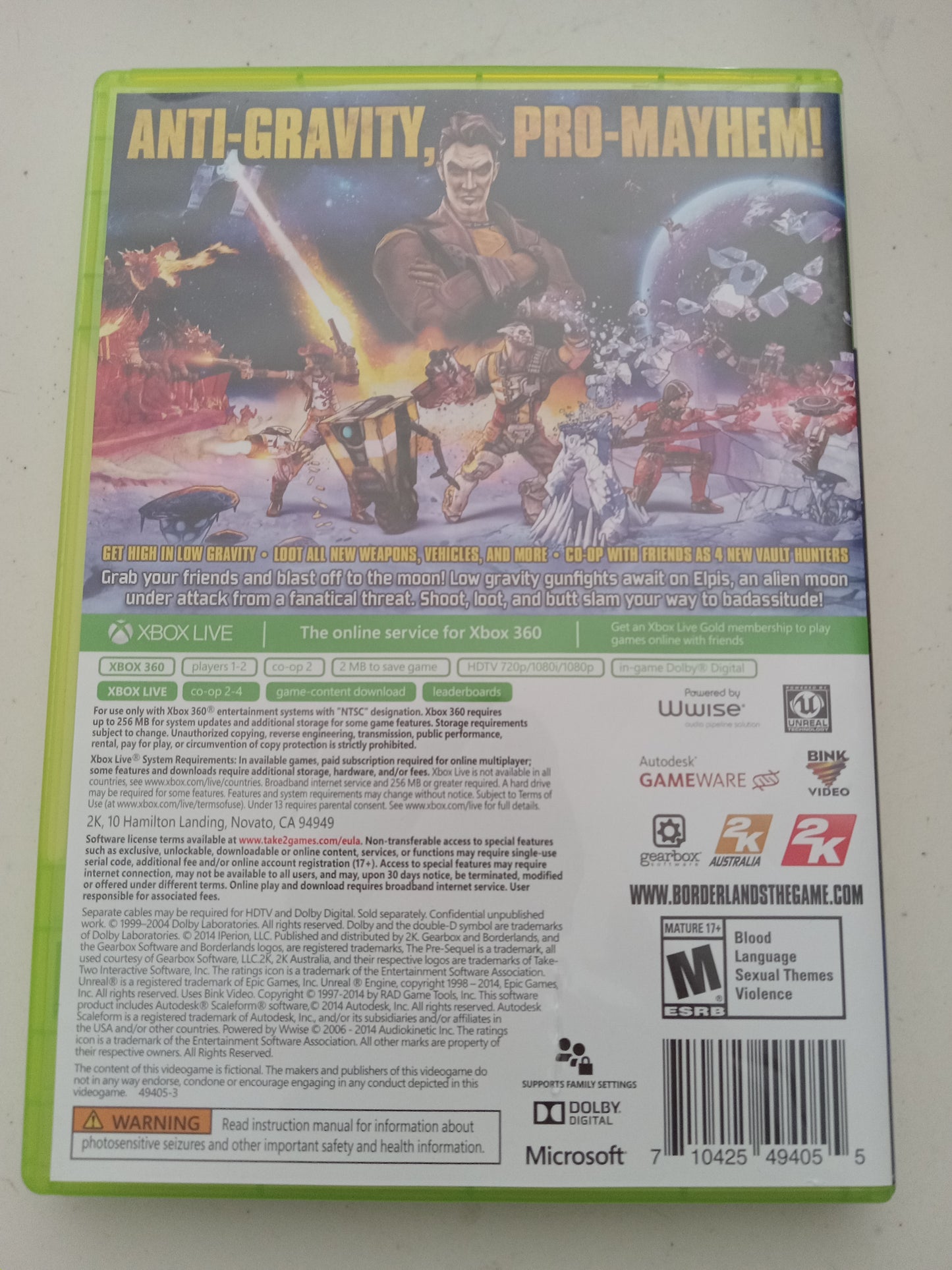 Boarderlands The Pre-Sequel! Xbox 360 Video Game, Rated M, USED