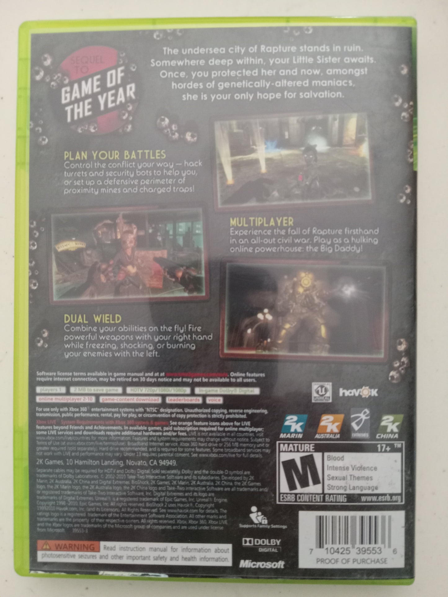 Bioshock 2 Xbox 360 Video Game, Rated M, USED