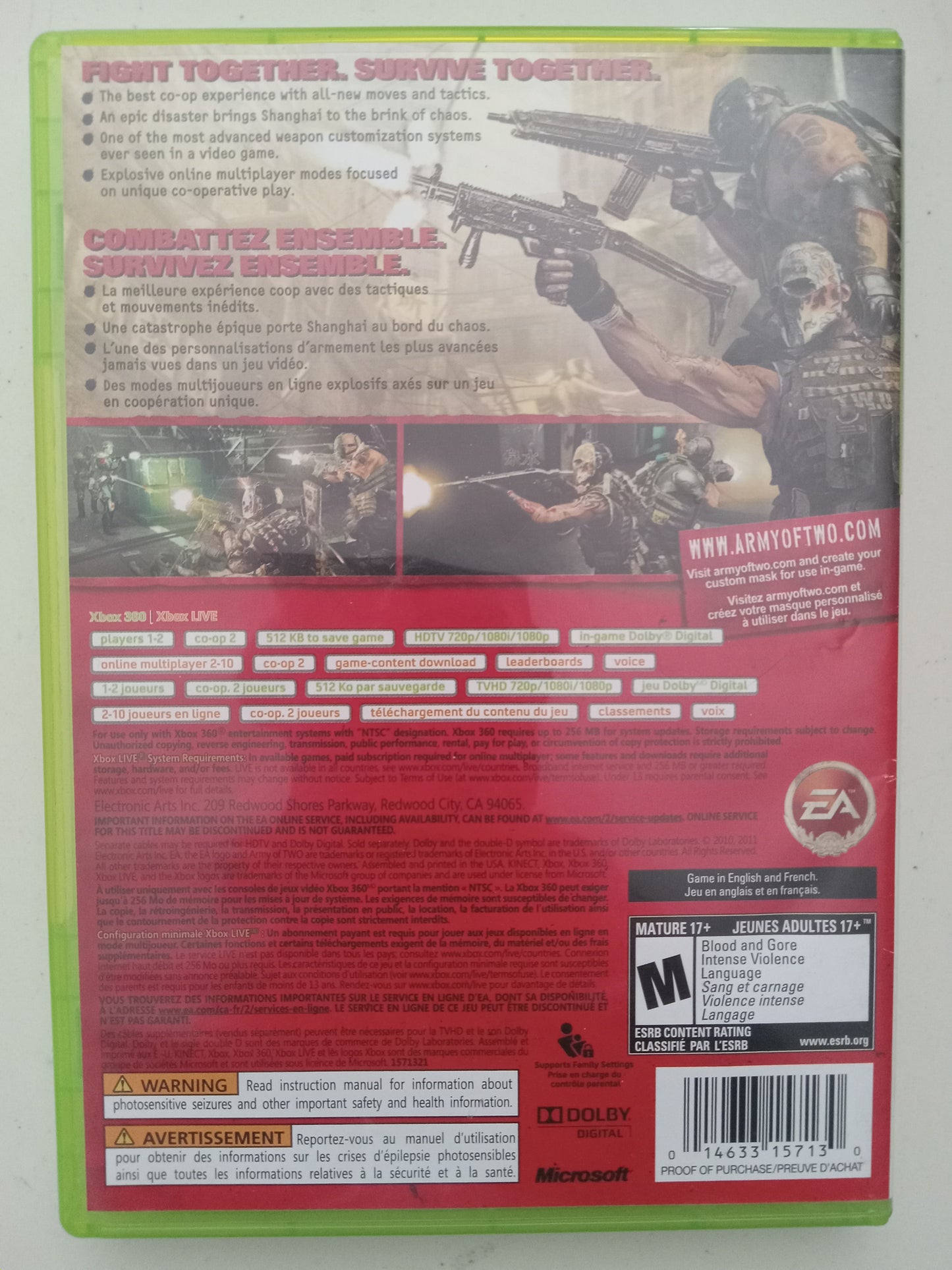 Army of Two 40th Day Xbox 360 Video Game, Rated M, USED
