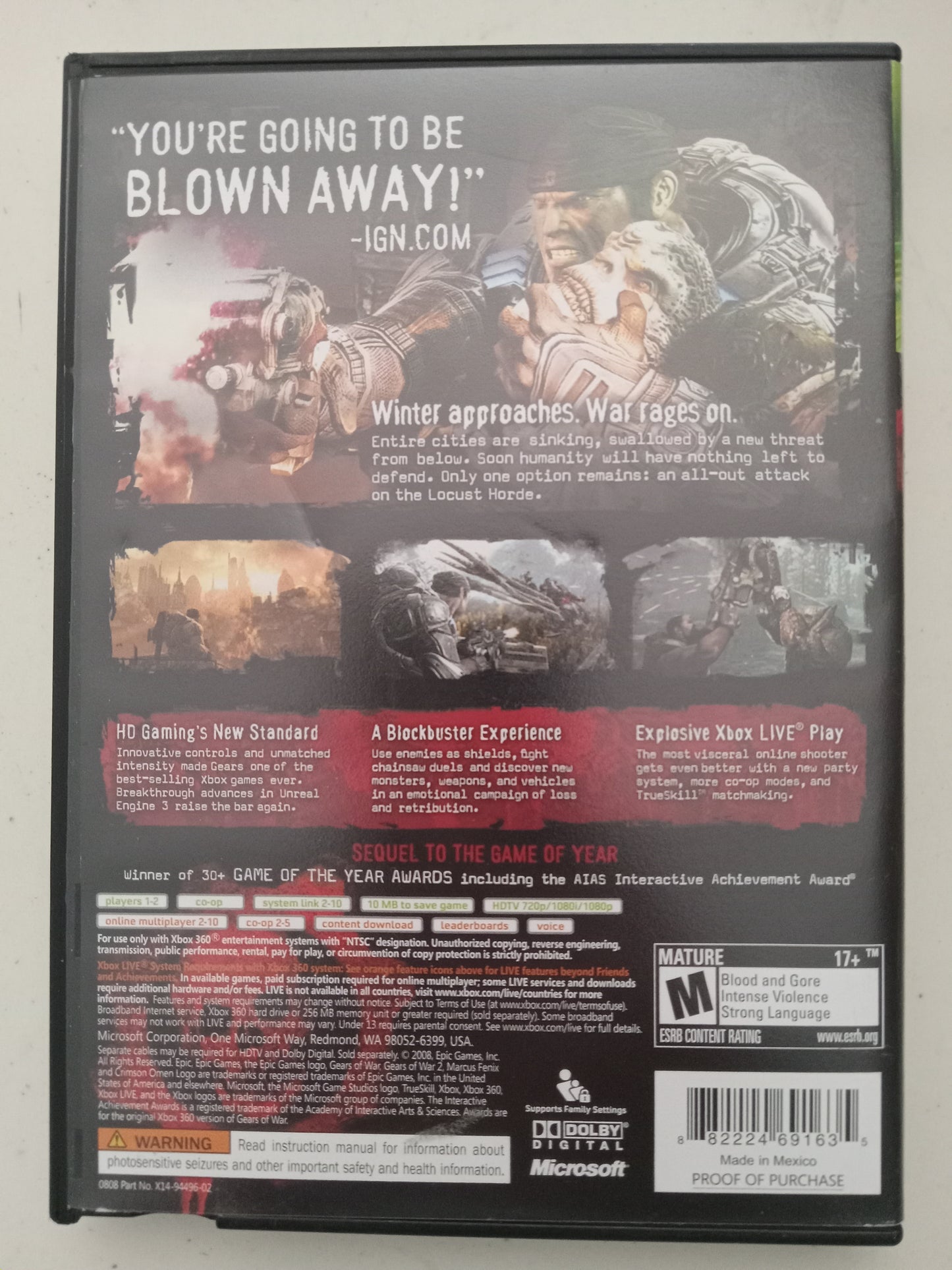 Gears of War 2 Xbox 360 Video Game, Rated M, USED