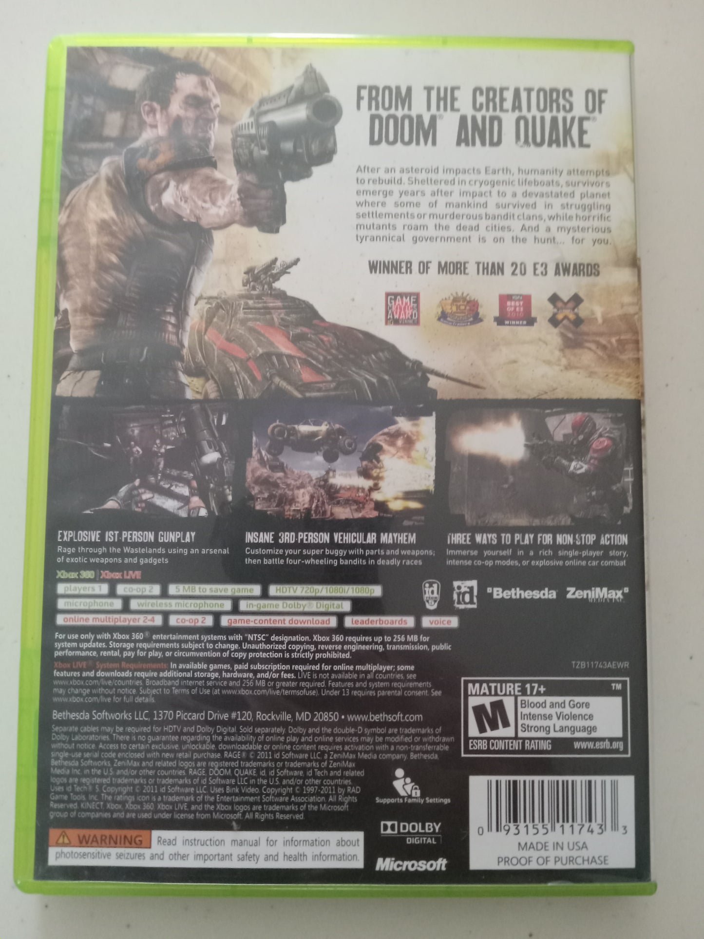 Rage Anarchy Edition Xbox 360 Video Game, 3 Discs, Rated M, USED