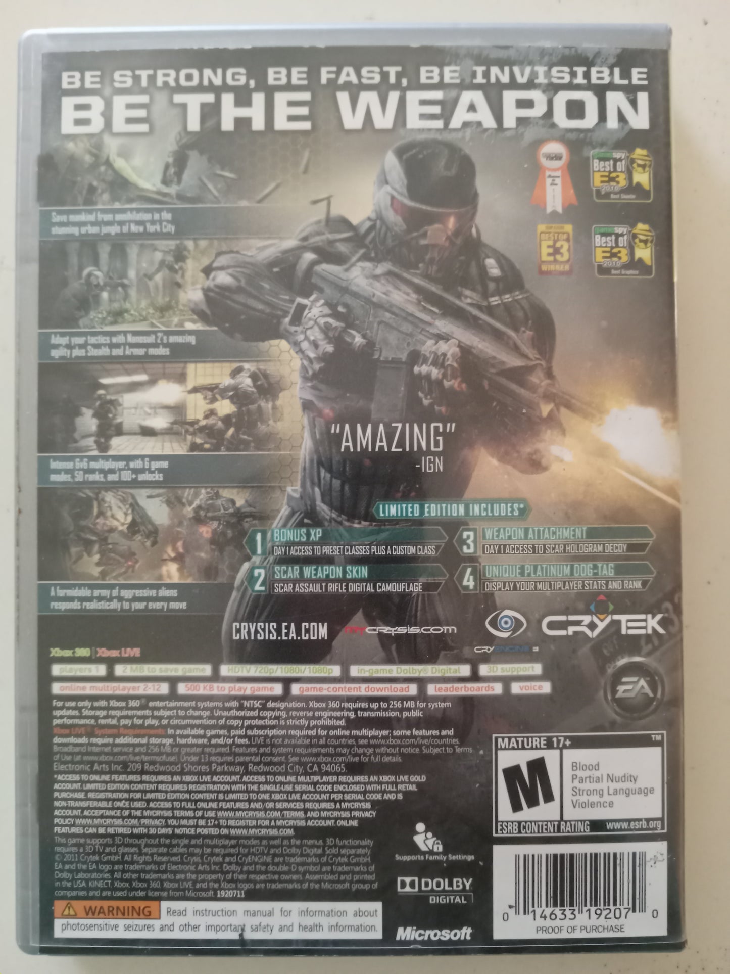 Crysis 2 Limited Edition Xbox 360 Video Game, Rated M, USED