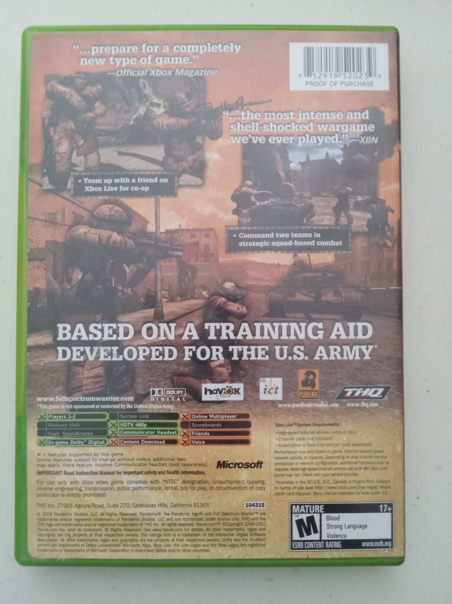 Full Spectrum Warrior, original Xbox Video Game, Rated M, USED