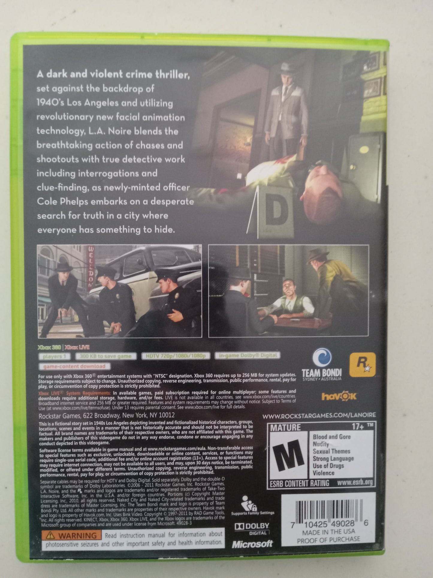 L.A. Noire, Xbox 360 Video Game (3 Discs), Rated M, USED