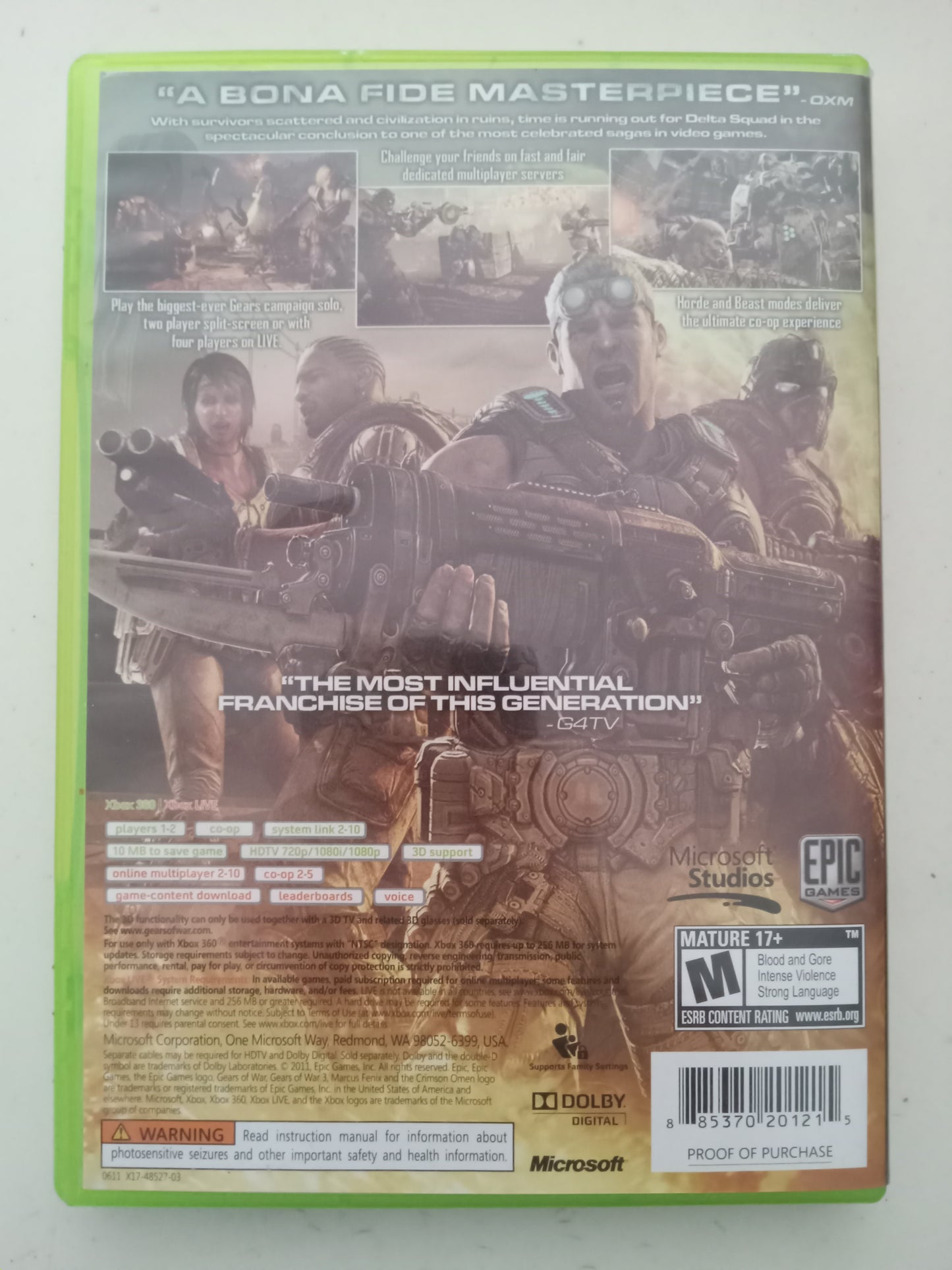 Gears of War 3, Xbox 360 Video Game, Rated M, USED