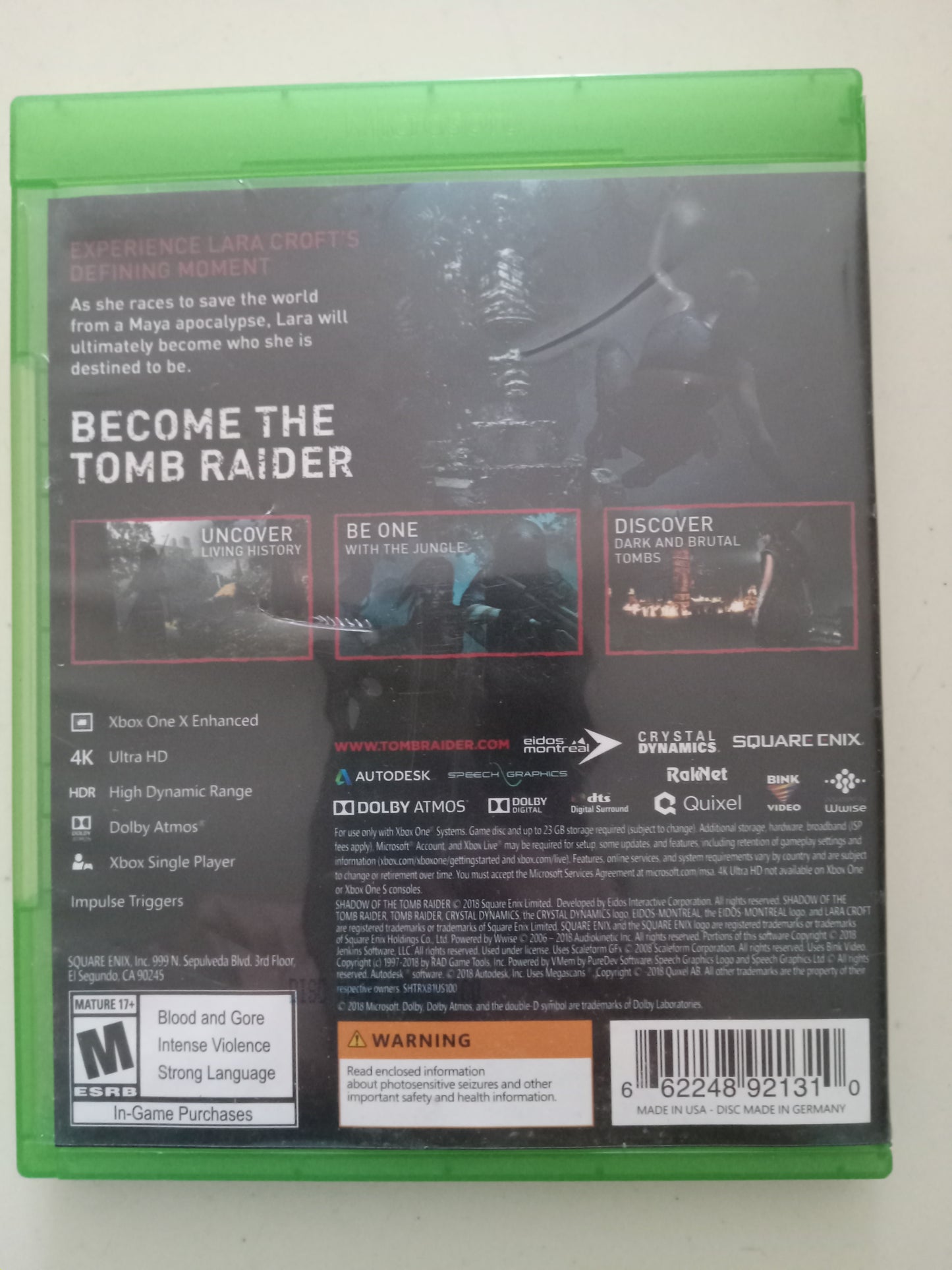 Shadow of the Tomb Raider, Xbox One Video Game, Rated M, USED