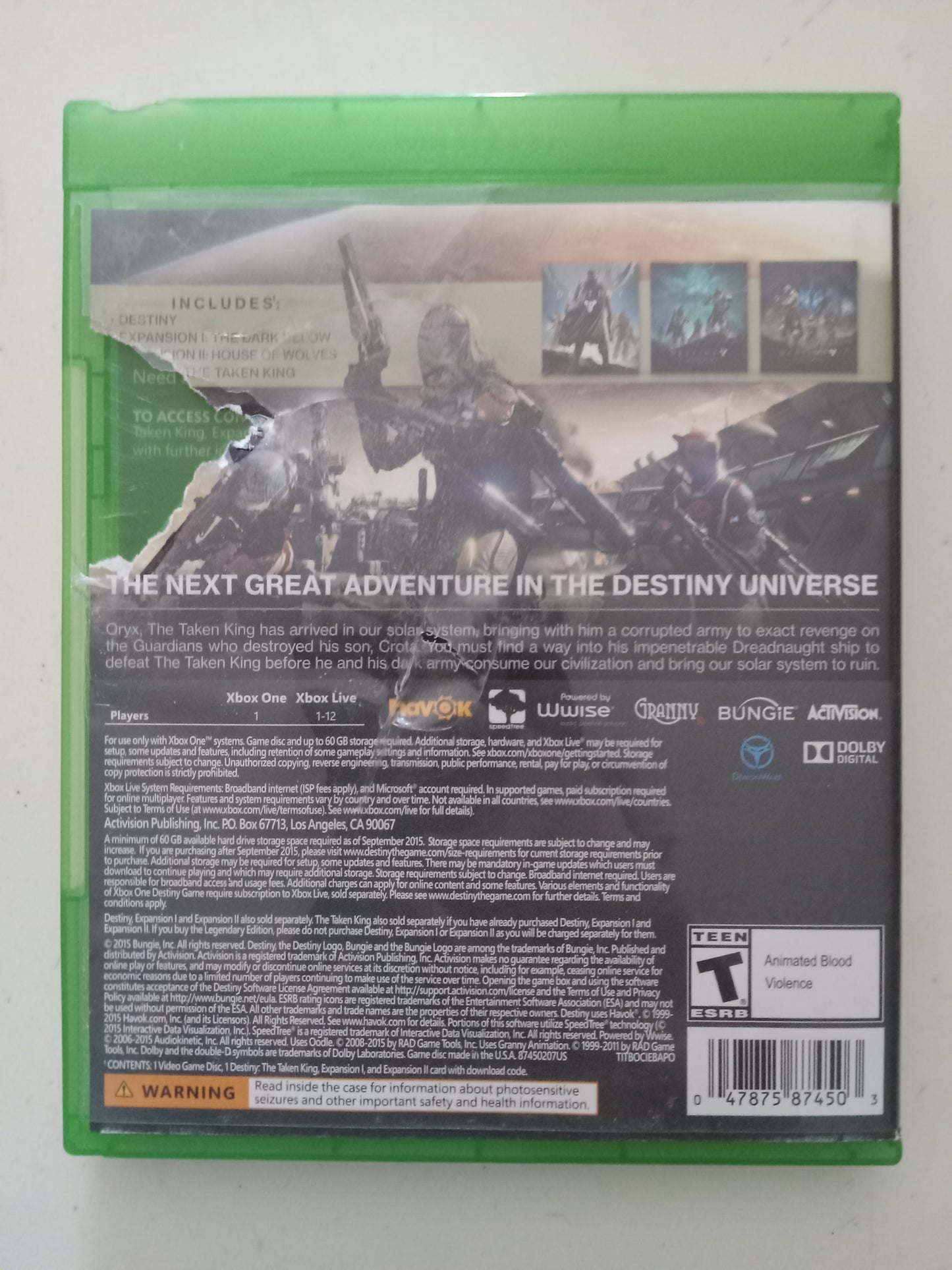 Destiny, The Taken King, Legendary Ed. Xbox One Video Game, Rated T, USED