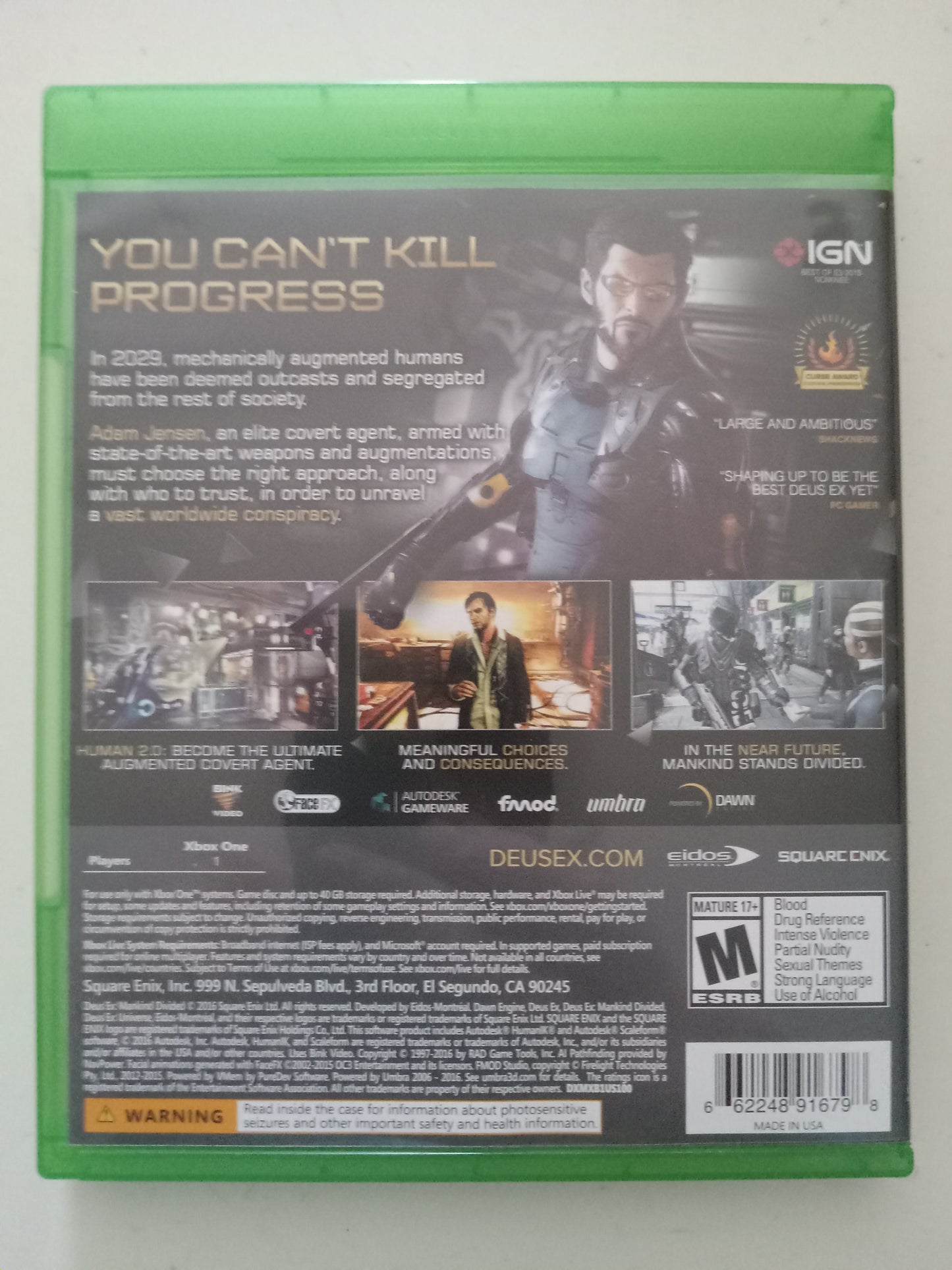 Deus Ex, Mankind Divided, Xbox One Video Game, Rated M, USED