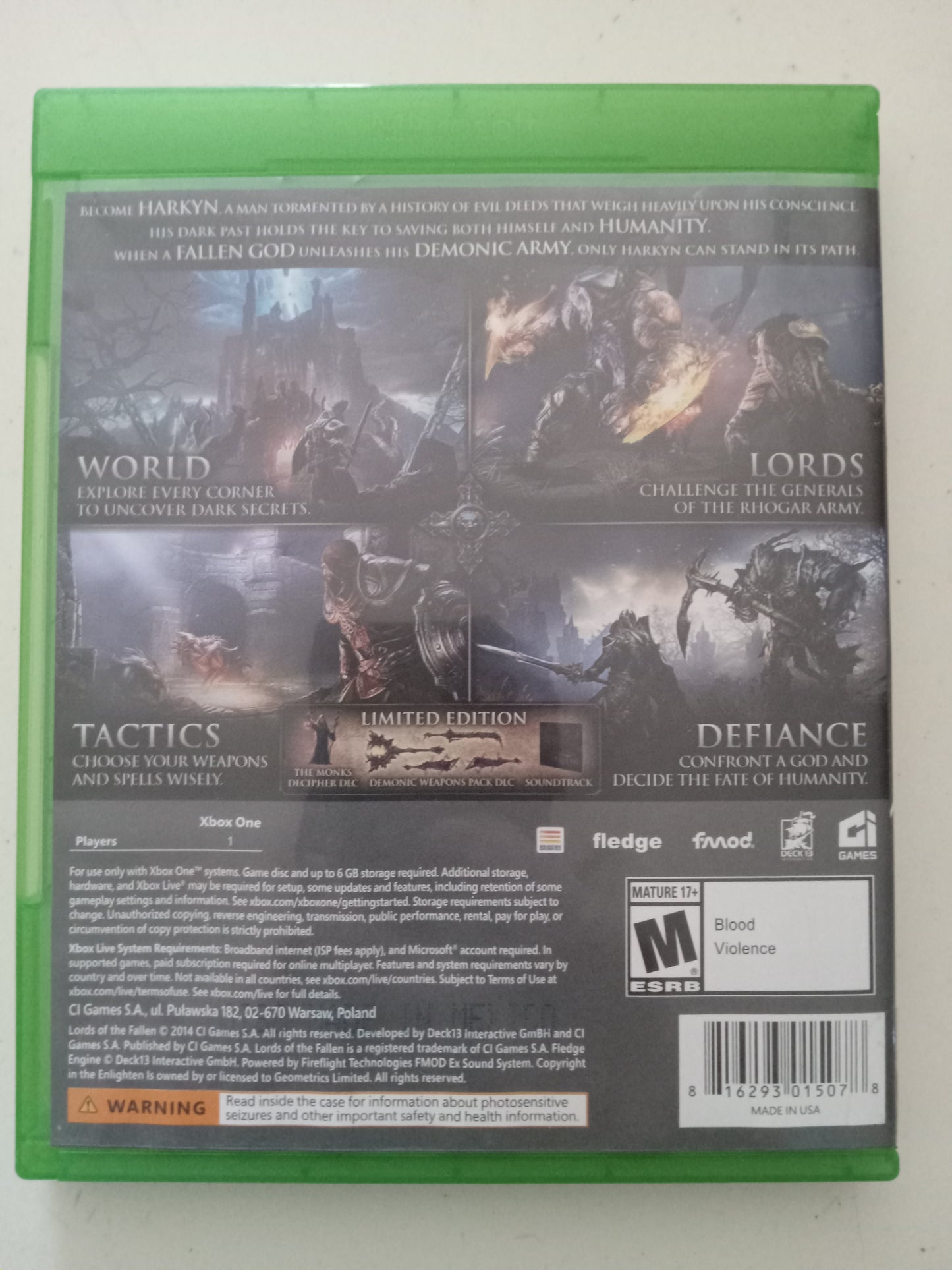 Lords Of the Fallen, Limited Ed. Xbox One Video Game, Rated M, USED